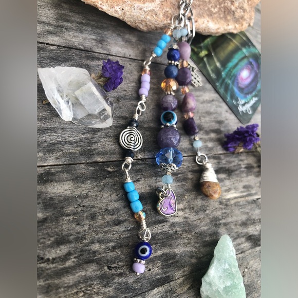 Evil Eye Lepidolite Mixed Crystal Gemstone Beaded Purse Charm / Car Mirror Charm - Picture 7 of 15